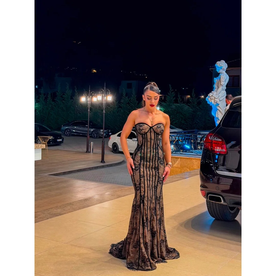Customized Evening Dresses Woman Elegant Dresses for Women Long Party Black Mermaid Sleeveless Embroidered Lace Engagement Dress