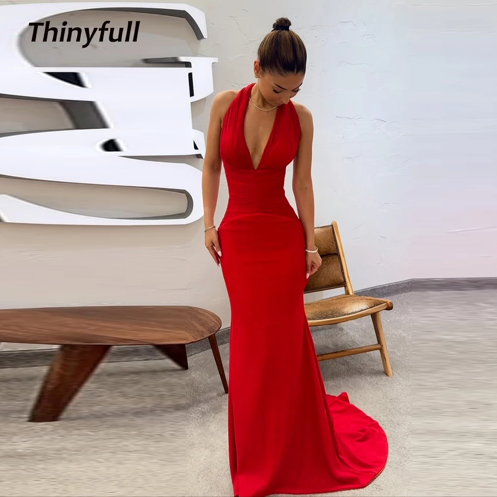 

Thinyfull Chiffon/Satin Mermaid Red Prom Dresses Sleeveless Halter Evening Dress Long Formal Gown Robe De Soirée Customized