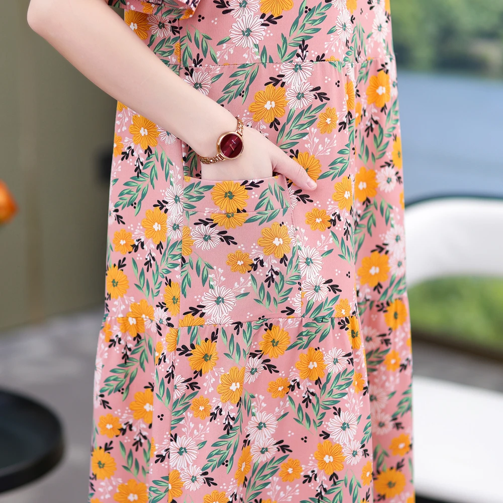 Neue Mode lässig Sommerkleider für Frauen Vintage Kurzarm O-Ausschnitt Druck lose Blumen kleid Frauen kleider