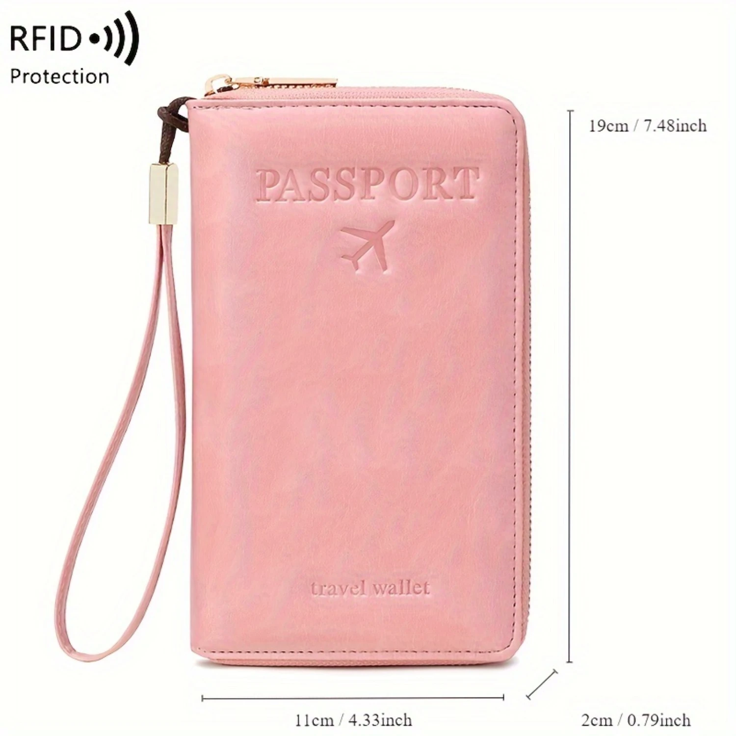 Porta-passaporte RFID com bolso com zíper e alça de pulso - carteira de viagem multifuncional de cor sólida
