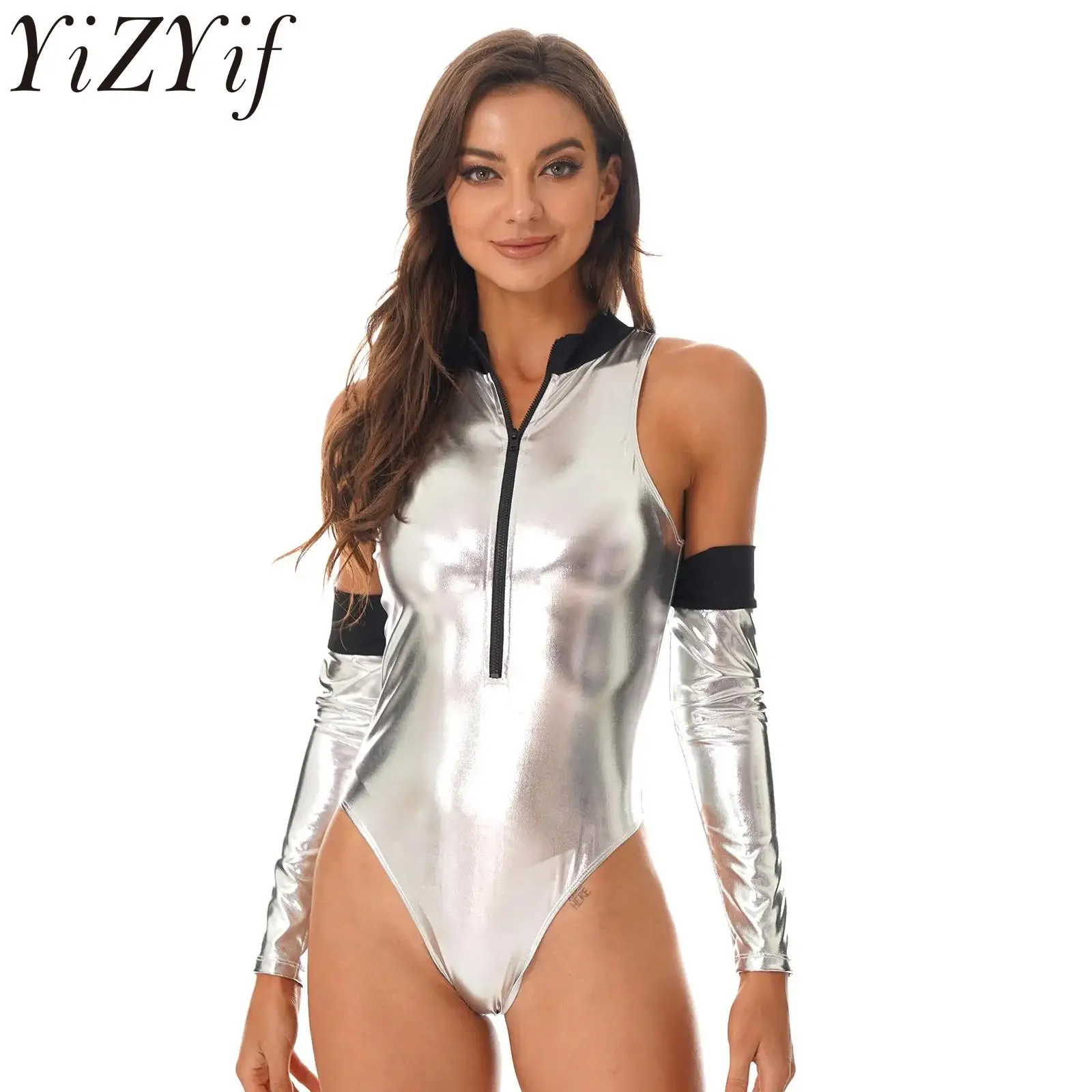 Womens Astronaut Costume Shiny Metallic Patent Leather Zipper Bodysuit Jumppsuit with Oversleeve Space Cadet Alien Fancy Dress