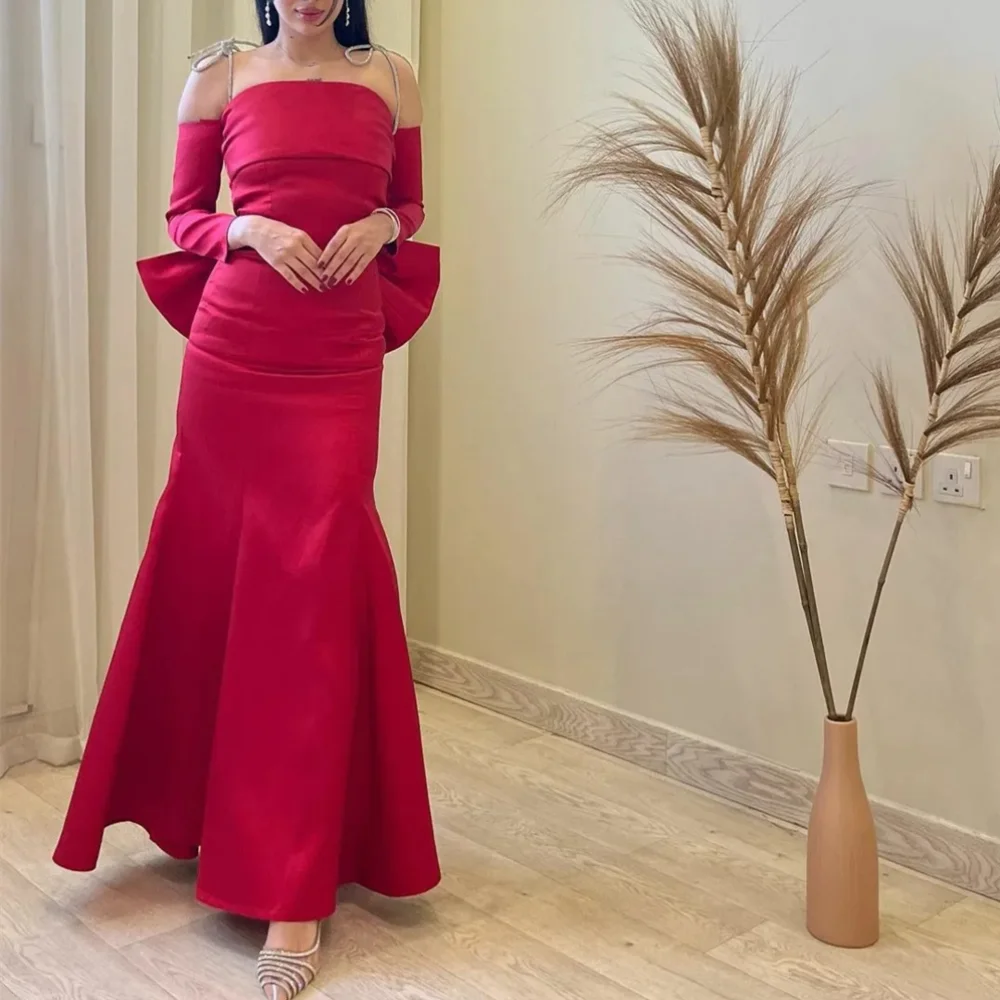 

Sexy Long Red Strapless Satin Evening Dresses Full Sleeves with Bow Mermaid Floor Length فستان سهرة نسائي