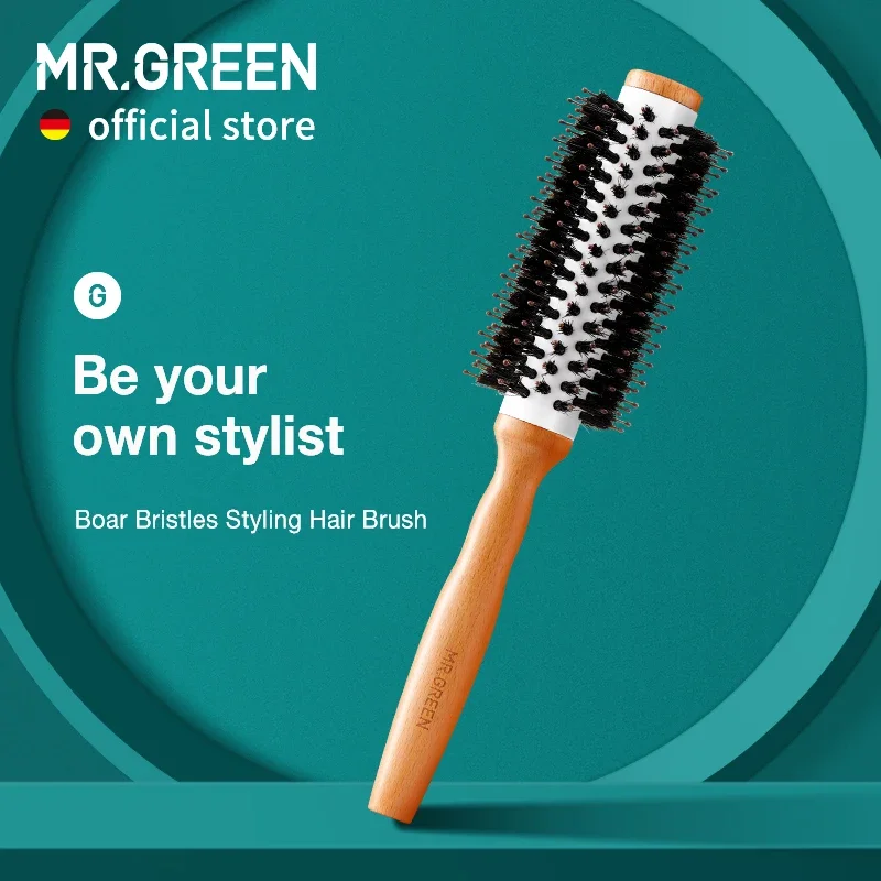 

MR.GREEN Boar Bristles Hair Brush Round Styling Curling Roll Hairbrush Natural Wooden Detangling Comb for Long Curly Or Any Type