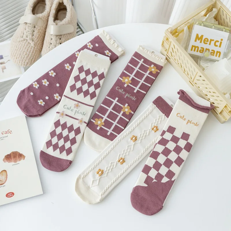 5Pairs/Set Fashion Colorful Kawaii Cute Cozy Cotton Women Socks Harajuku Japanese Korean Pink Plaid Flower Girl Socks Lot