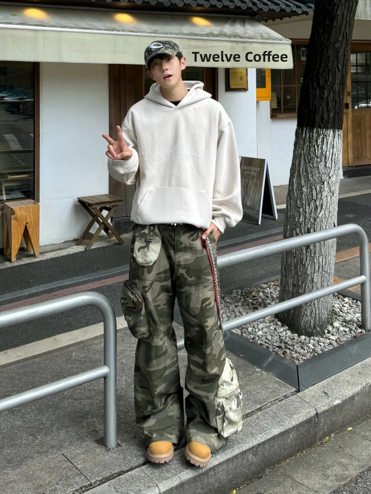

Retro American Waed Camouflage Work Pants Spring Autumn Patchwork Color Blo 3D ket Loose Drape Straight Leg Jeans