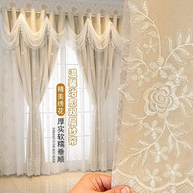 1 Panel Simple Double Layer Curtain for Living Room Luxury Floral Embroidered Curtain with Wavy Valance