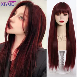 XIYUE Synthetic Rose Wine Red Long Straight Hair With Bangs Wig Matte High-temperature Silk Breathable And Natural In Summer