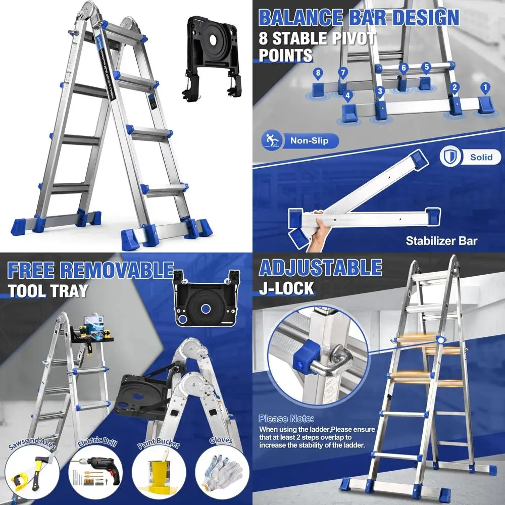 17-Foot Multi-Position Extension Ladder with Removable Tool Tray and Stabilizer, 330 lbs Load Capacity