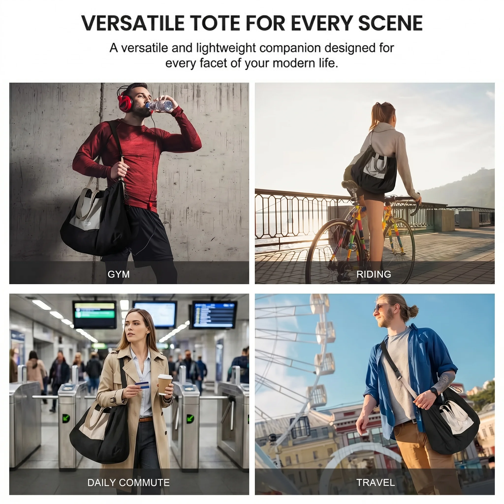 Foldable Drawstring Tote Bag Lightweight Large Capacity Shoulder Bag Waterproof Gym Yoga Sports Travel Handbag for Men Women