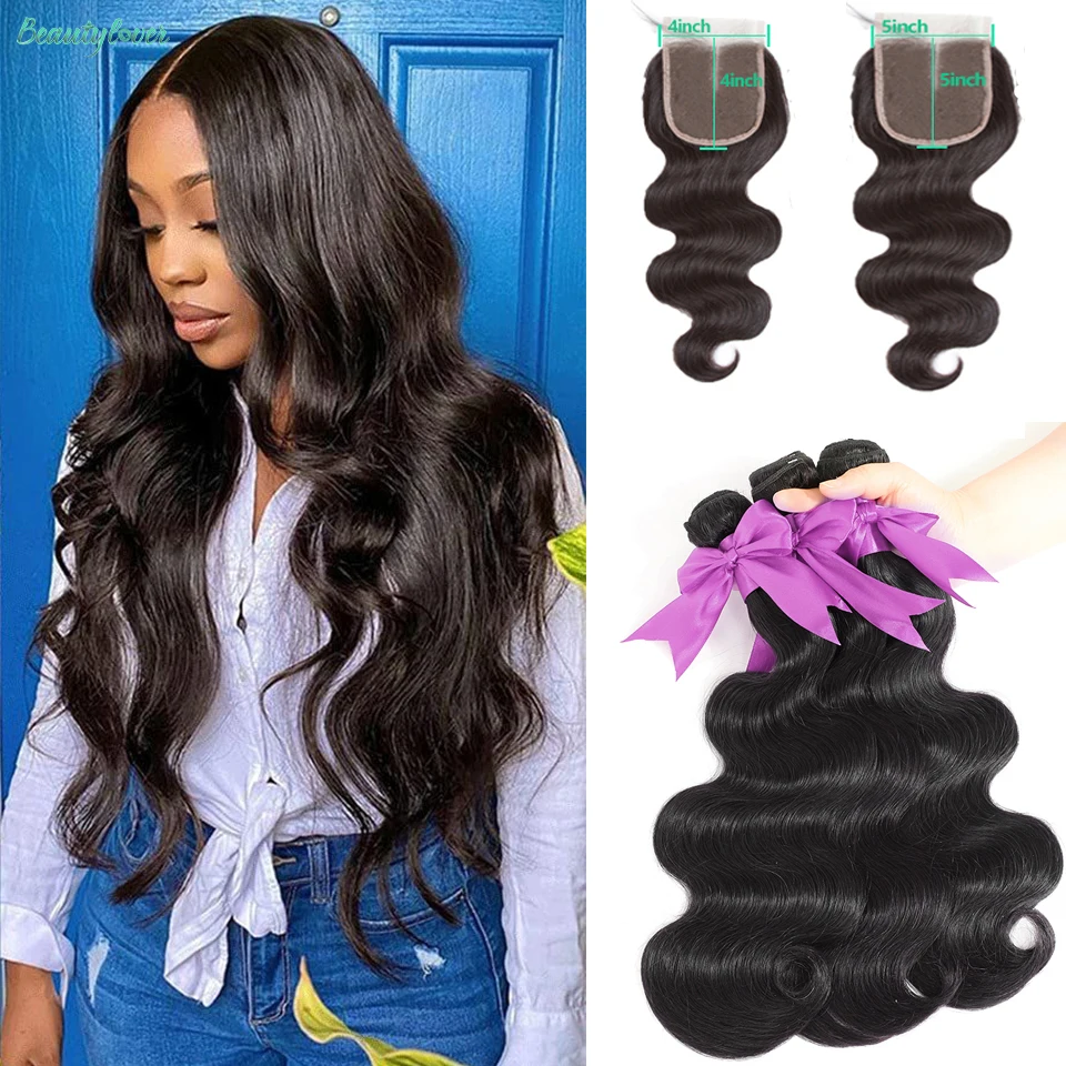 Bundles de vague de corps de cheveux humains avec fermeture, extensions de cheveux bruts, 4x4, 5x5, 32 pouces, 24 pouces