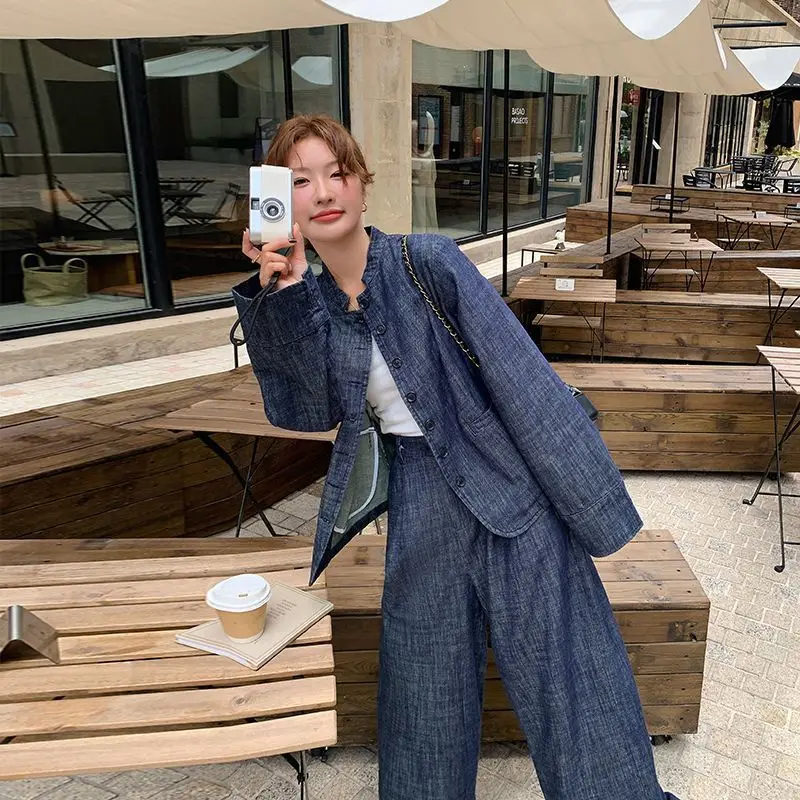 SuperAen moda Vintage Denim camisa de manga larga para mujer 2025 nuevos pantalones casuales de pierna ancha conjuntos de dos piezas