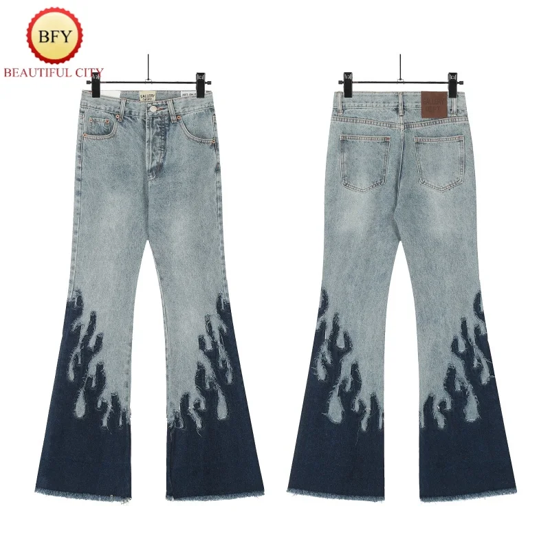 24ss Winter High-end Fashion Denim Splicing Flame Flares Washed Brushed Splicing 1：1 High Quality Mens Womens Jeans With Tags