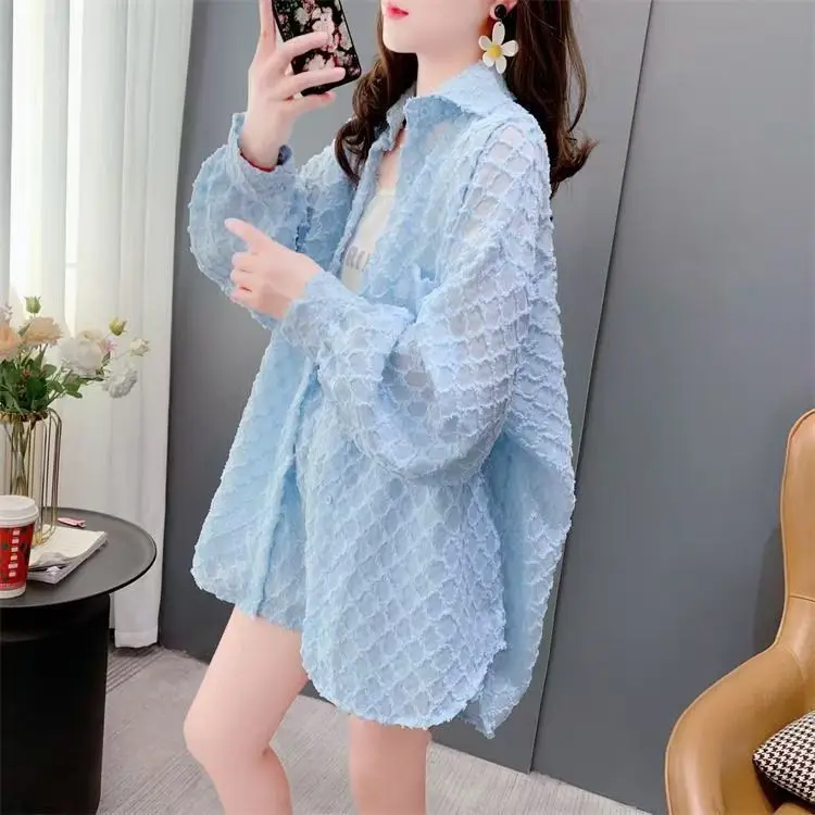 Women Loose Designer Two Piece Outfit Korean Summer Tweed Style Sunscreen Long Sleeve Shirt Matching Shorts Fashion Casual Set