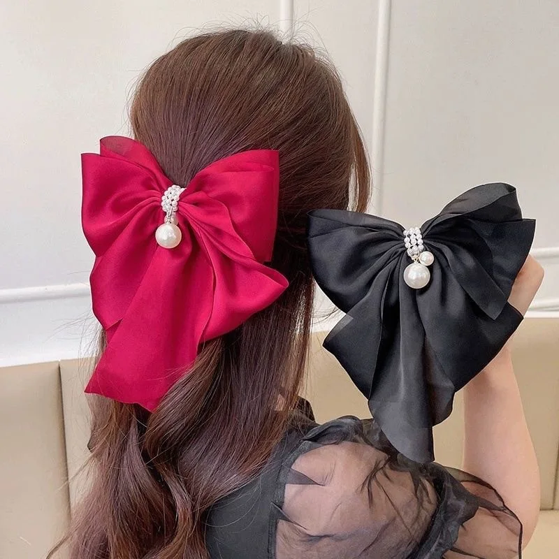 2025 Temperament Pearl Pendant Satin Bow Spring Clip Chiffon Dyed Large Bow Hair Clip Ladies Ponytail Clip Hair Accessories