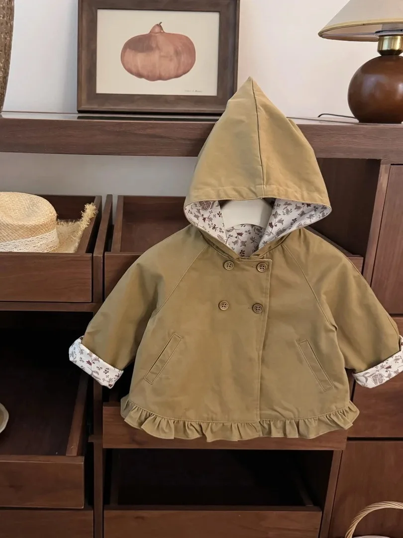 Girls' Autumn Korean Style Hooded Jacket Double Row Button Ruffle Hem Versatile Top 2026 New Short Trendy Outerwear