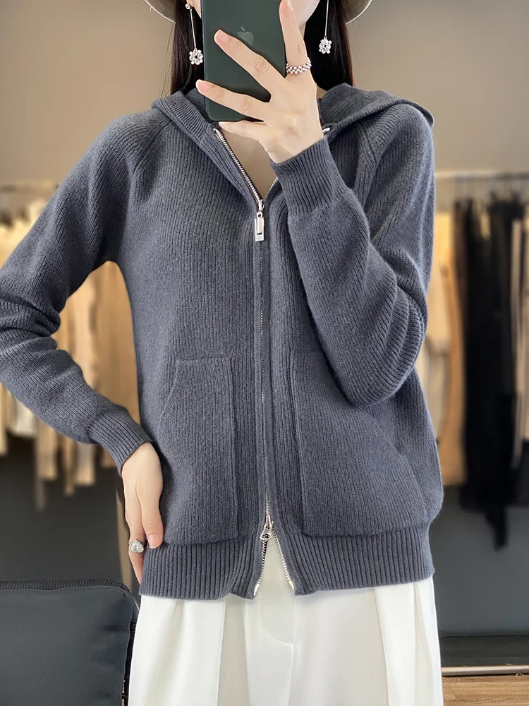 

Women's Hooded Sweater 100% Merino Wool Knitwear Zipper Cardigan Thick Chic Soft Warm Simple Striped Pocket Long Sleeve Tops