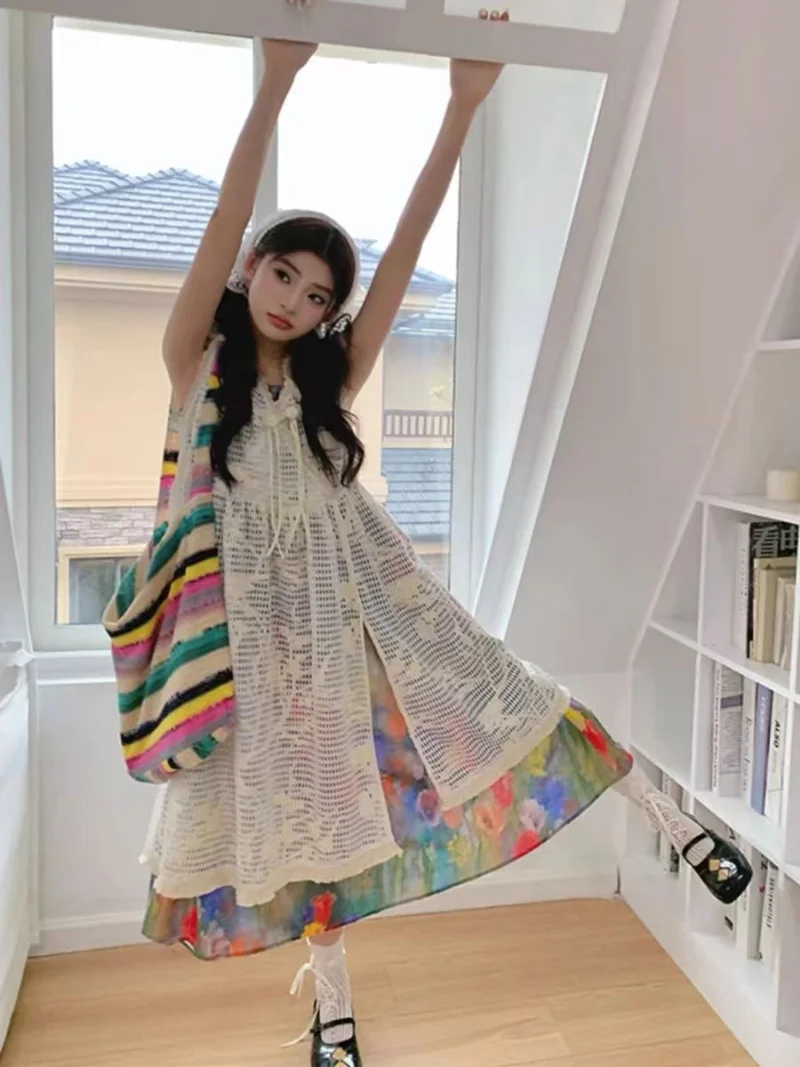 

Комплект из двух предметов: женская одежда, омолаживающий дизайн, ретро-платье с цветочным принтом, летнее новое модное кружевное платье-накидка, платья-жилетки