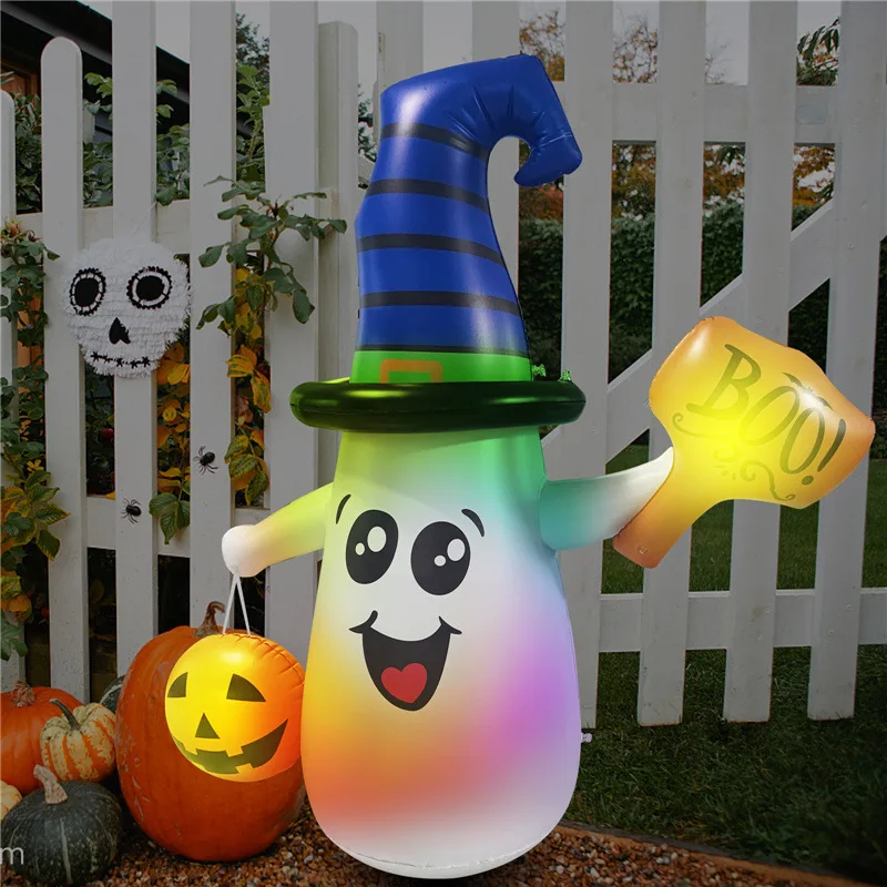 Halloween Inflatables Ghost Outdoor Decorations Blow Up Yard Cute Wizard Ghost with Pumpkin with Built-in LEDs for Garden Lawn