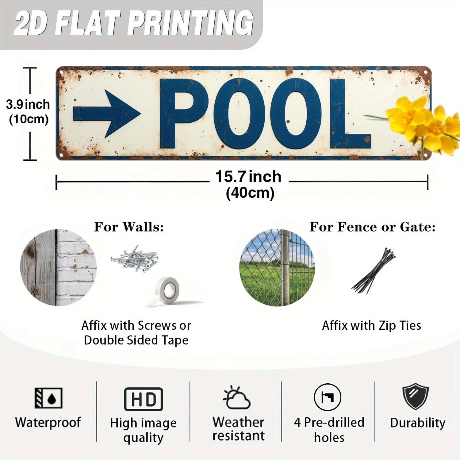 2D Flat, 1pc, Rustic Pool Metal Sign, Vintage Arrow Directional Sign, Decorative Wall Art for Poolside, Backyard, Patio, Lake Ho
