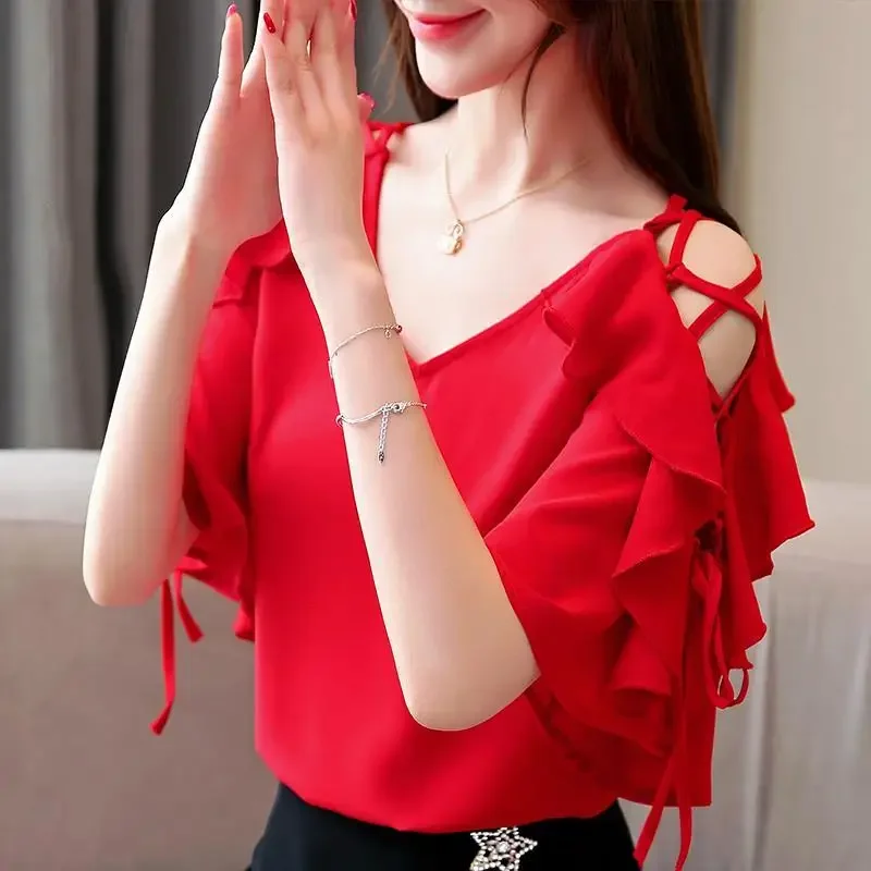 

Hollow Out Lace Up V-Neck Ruffles Flare Sleeve Loose Chiffon Blouse Summer New Casual Tops Commute Women Clothing Shirt XT806