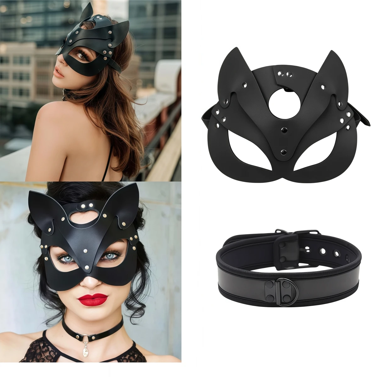 

Adult PU Leather Half Face Cat Cosplay Mask for Women Halloween Party Eye Detail Costume Accessory Female Game Supplies