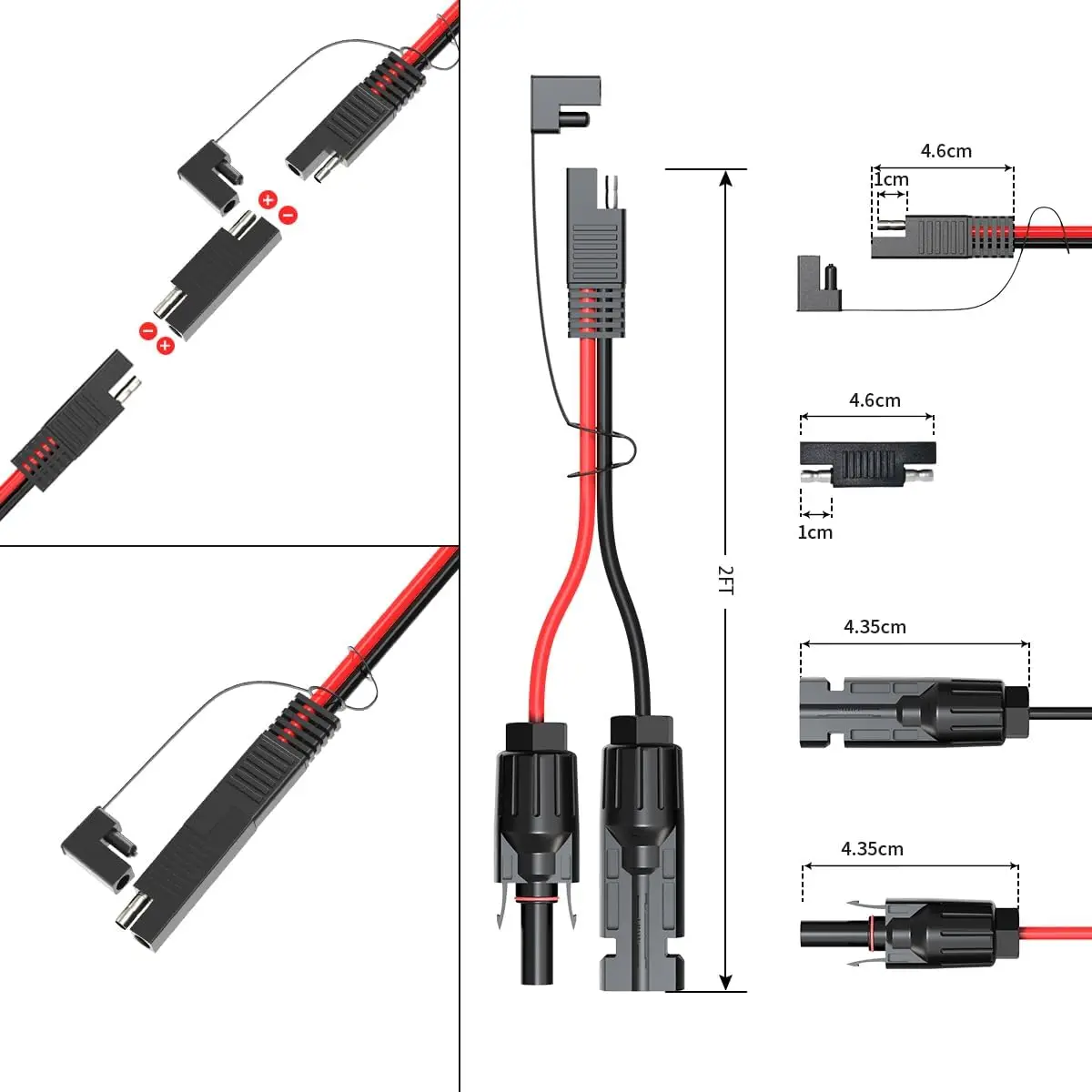 Cabo de Extensão Solar SAE de 2FT (10AWG) com Conector Solar para Adaptador SAE, e Adaptador de Polaridade Reversa SAE, disponível em 2, 3.3, 10, 20, 35 e 50 Pés