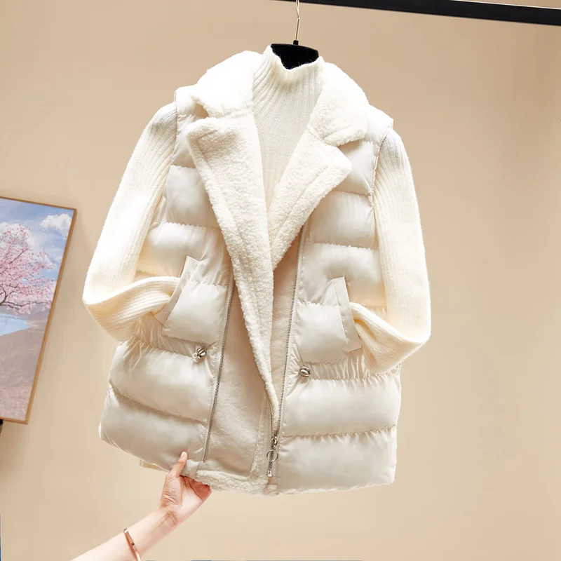 New Lamb Wool Patchwork Women\'s Jacket Vest Turn down Collar Zipper Coat Vests Women Casual Slim Solid Color Outwear Clothes