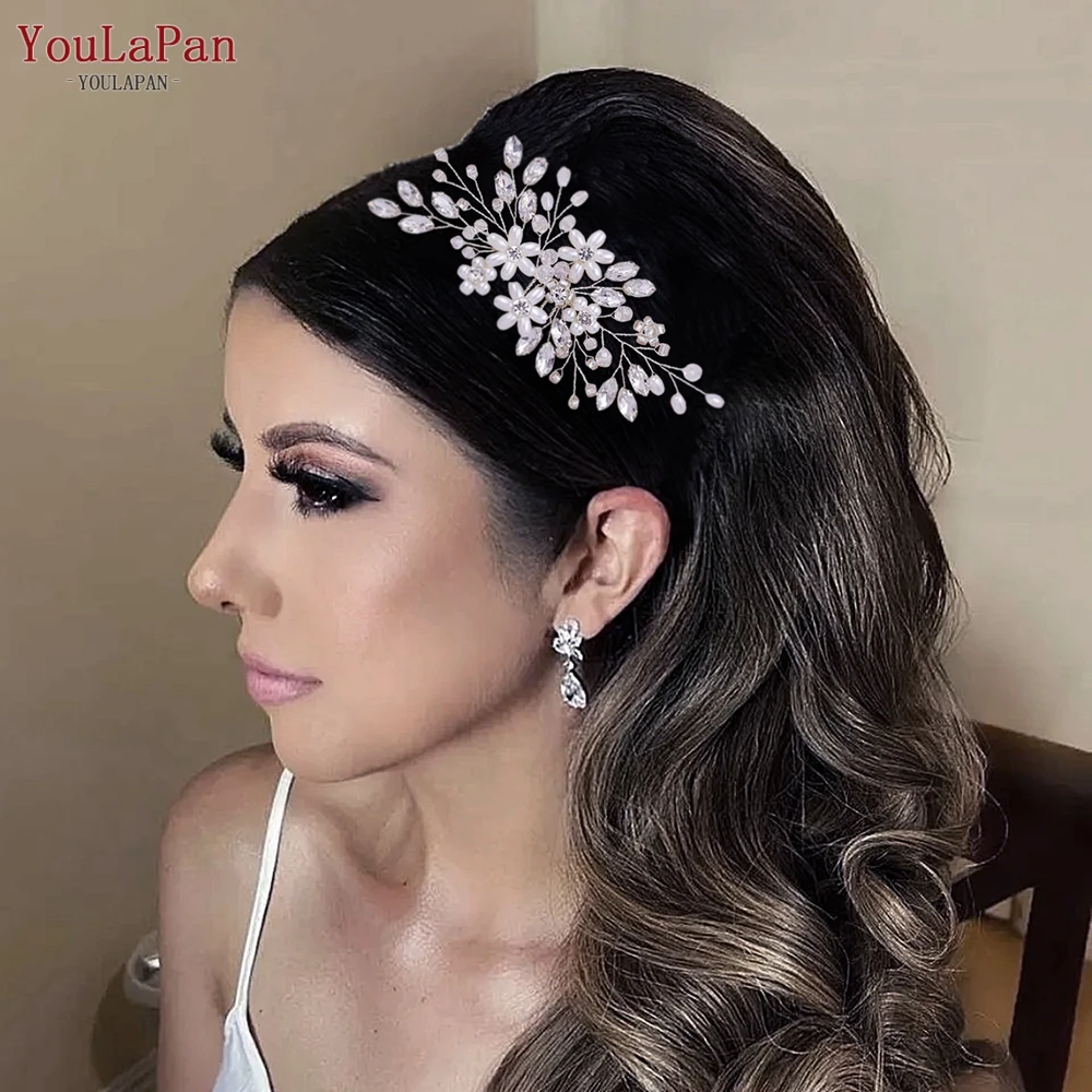 

YouLaPan Pearl Crystal Wedding Hair Comb Handmade Flower Bridal Hairpin Rhinestone Hair Accessories for Bride Prom HP346