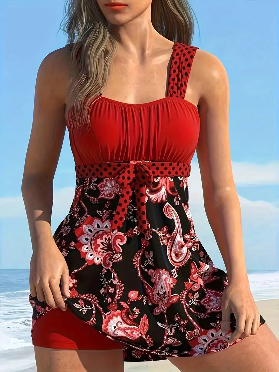 

Womens Red Floral Print Tankini Swimsuit With Polka Dot Waist Tie
