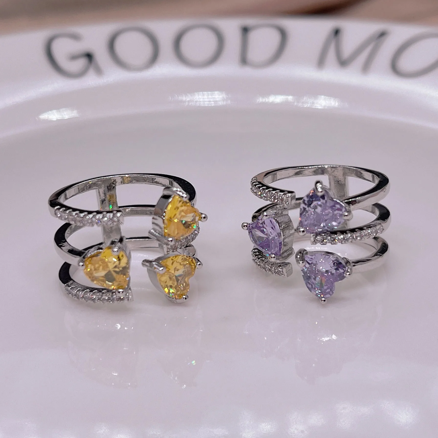 Foydjew Luxury Heart-shaped Rings For Girl Cute Triple Loves Yellow/Purple Zircon Three Love Heart Open Adjustable Ring