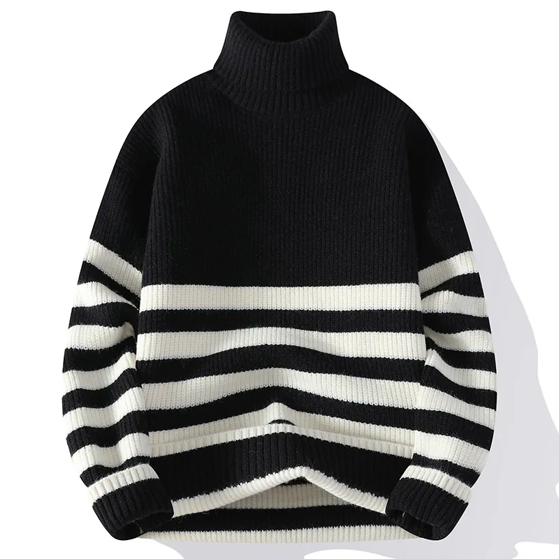 

Men's New Turtleneck Long-Sleeved Sweater Daily Pullover Turtleneck Jacquard Stripe Trend Men's Casual Knit Top Latest Model