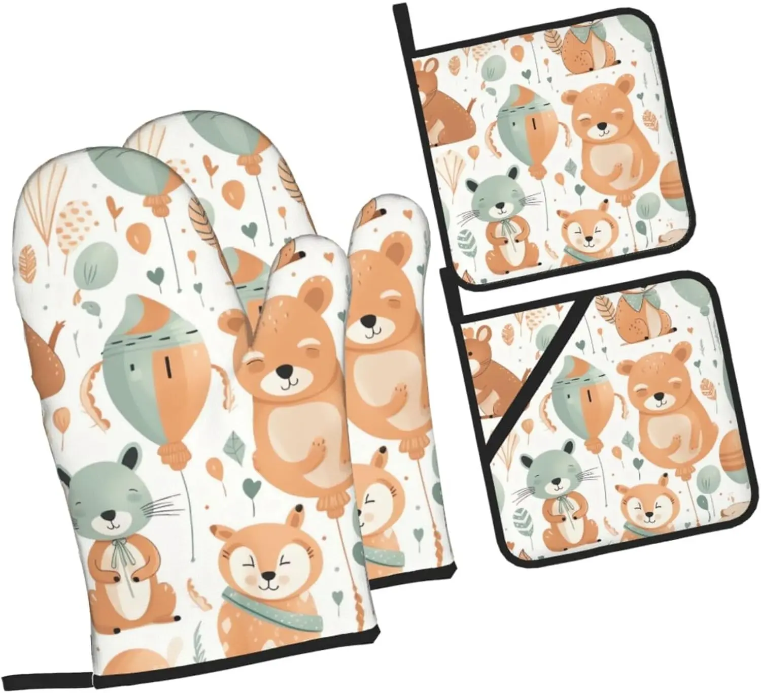 

Oven Mitts And Pot Holders Sets of 4 Animals and Balloons Funny Oven Mitt Kitchen Gloves Non-Slip Heat Resistant Pot Pads