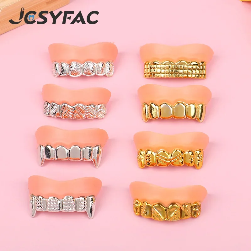 2PCS Gold And Silver False Teeth Simulated Zombie False Teeth Funny Trick Braces Halloween Costumes Electroplated