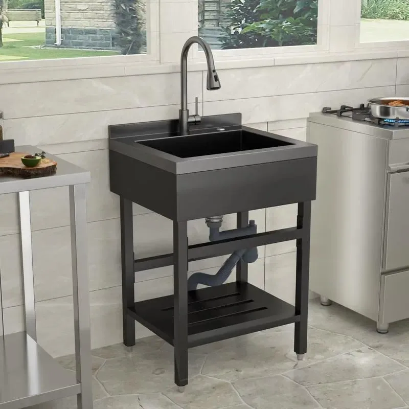 for US Shipped Independent Kitchen Sink Stainless Steel Hot and Cold Water Pipe Storage Rack Garage Black Multifunctional
