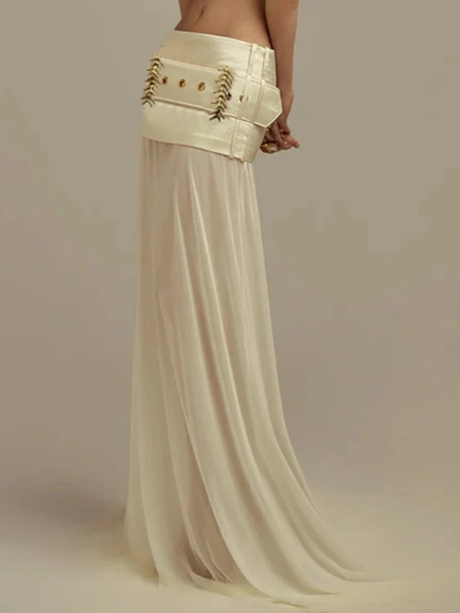 TWOTWINSTYLE Elegant Spliced Sequined Long Skirts for Women High Waist Patchwork Belt Temperament Skirt Female Fashion Clothing