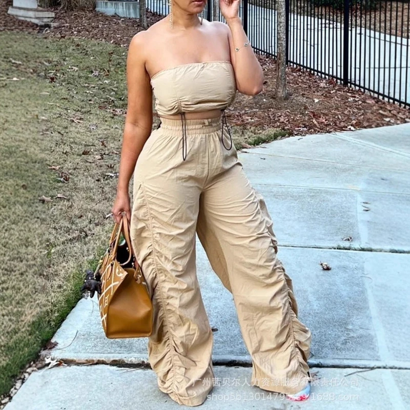 

Pant Set Women Two Piece Sets Strapless Sleeveless Sexy Tops Drawstring Wide Leg Long Pants High Elastic Waist Y2k Streetwear
