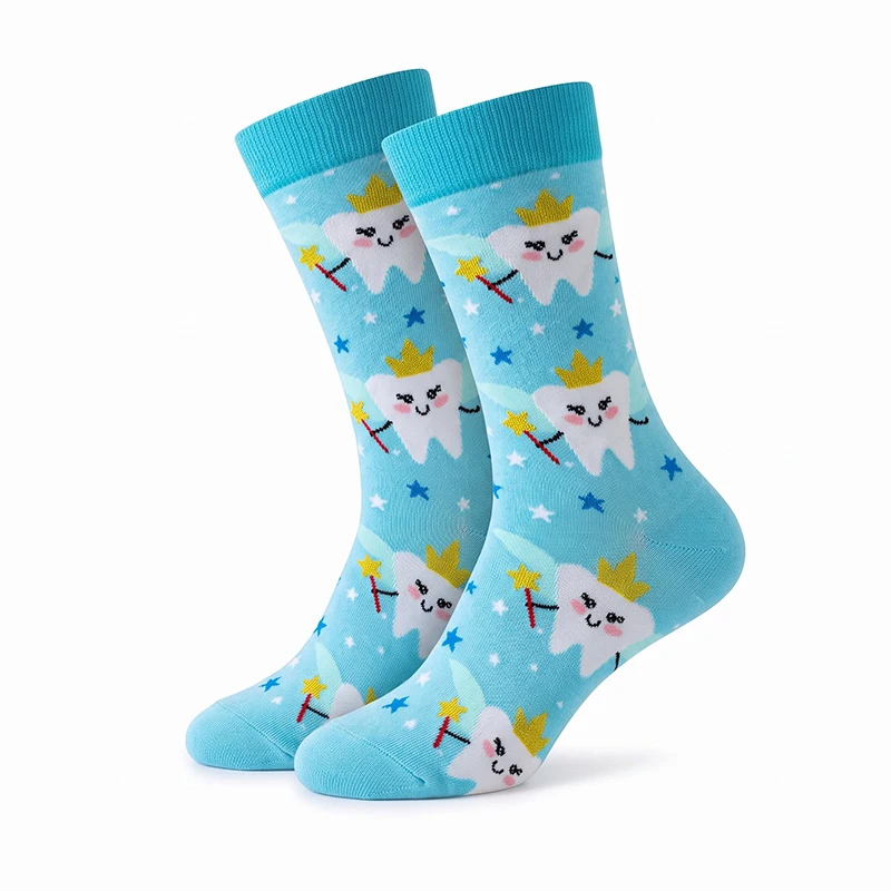 1 Pair of Unisex Socks with Light Blue Base and Dark Blue Ribbed Cuffs, Featuring Cartoon Crown, Wings, Magic Wand, Tooth Patterns, and Star Embellishments. Mid-Calf Length, Sweat-Absorbent and Breathable, with a Playful and Cute Design. Trendy Socks for Everyday Casual Wear, Suitable for Couples