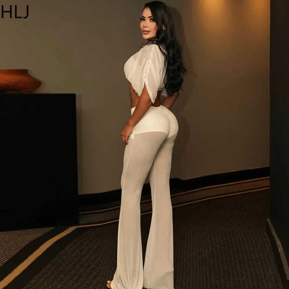 HLJ Women Sexy 2 Piece Matching Solid Sheer Mesh Batwing Sleeve Patchwork Crop Top + Flare Pants Sets Elegant Night Club Outfits view 4