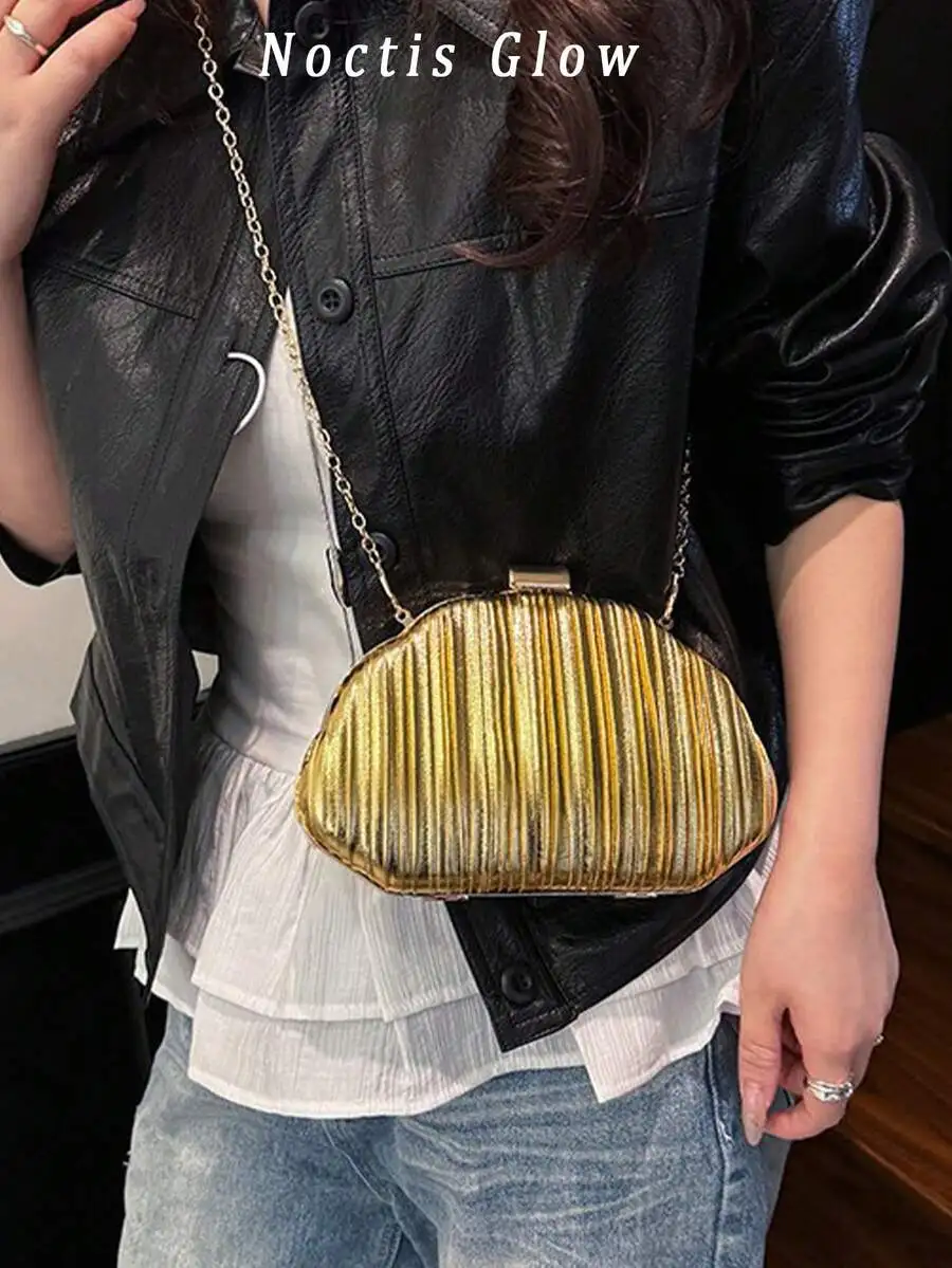 

Gold Shiny Pleated Box Clutch Evening Bag With Chain Strap For Women