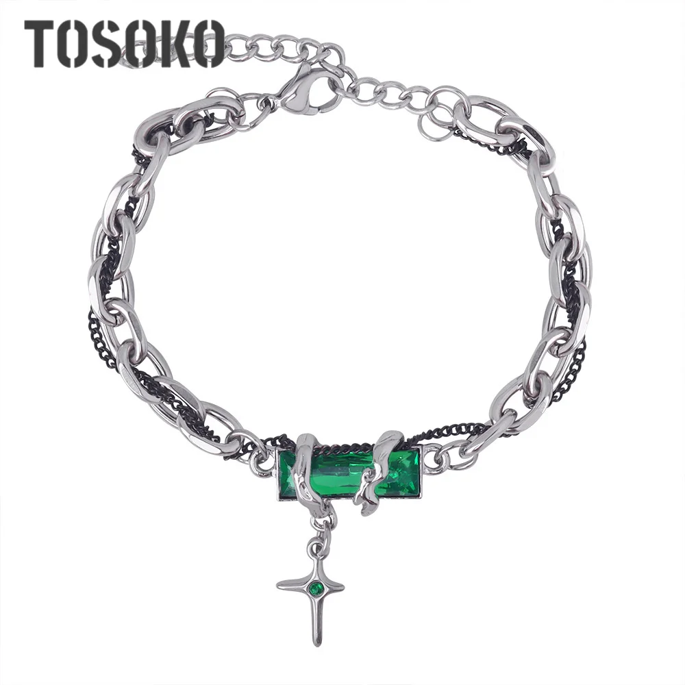 

TOSOKO Fashion Zircon Bracelet Hip Hop Chain Stainless Steel Cross Pendant Jewelry for Women BSE004