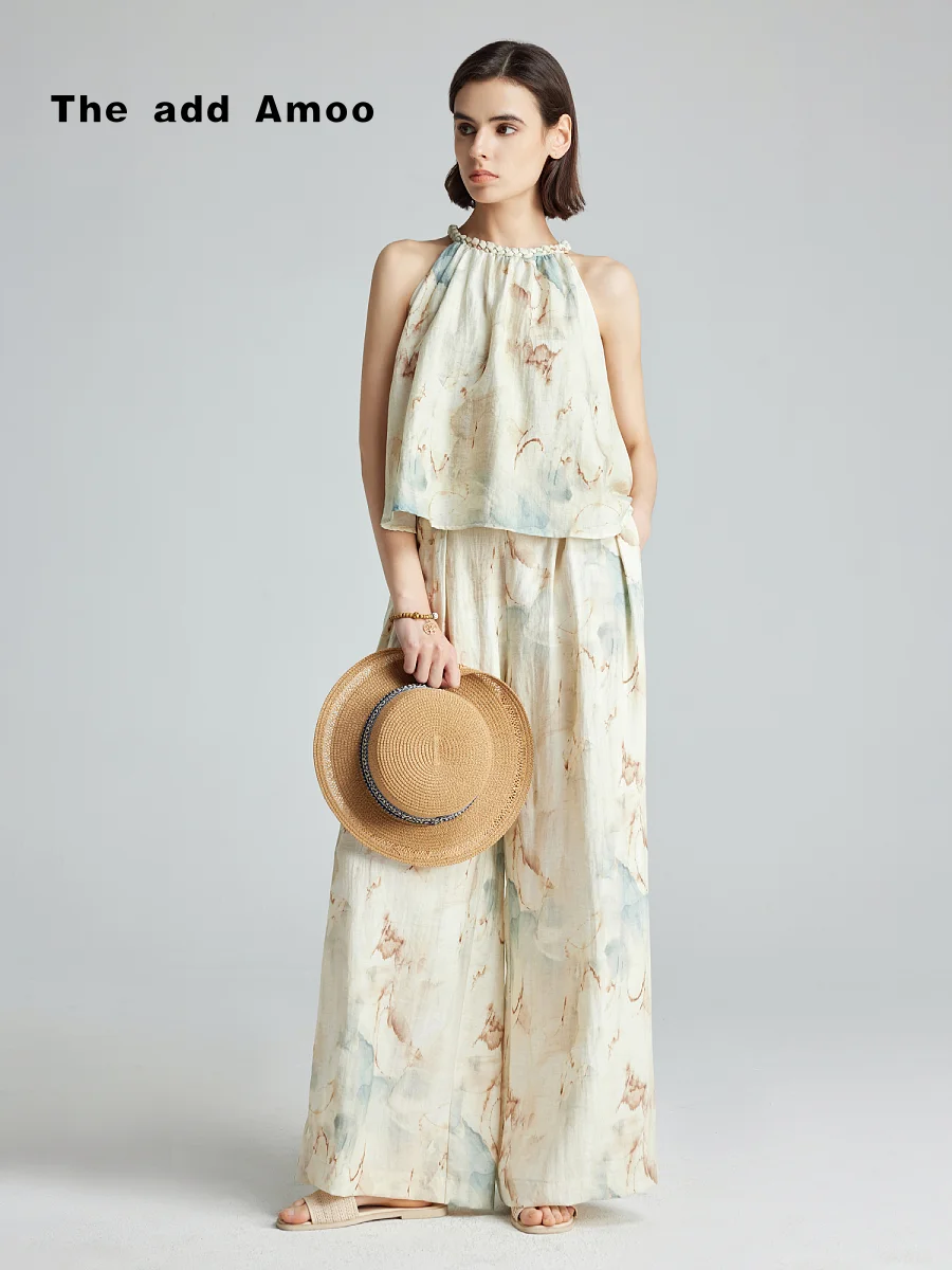 

Linen Print Elegant Women's 2-Piece Set Sexy Sleeveless Suspender Long Bohemian Beach 2-Piece Set