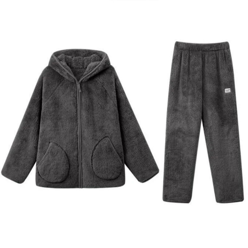 Men Autumn Winter Sleepwear Pajamas Set Hooded Velvet Nightwear Long Sleeve Thick Warm Home Clothes Daily Casual Nightie