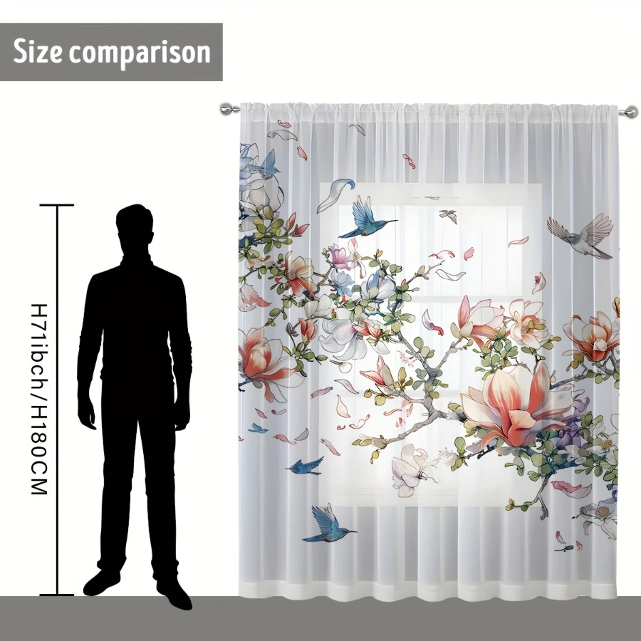 2PCS Digital Print Sheer Curtains, Flower Shadow Bird Pattern, Chinese Bird Flower Style for Living Room Bedroom Window Decor - view 5