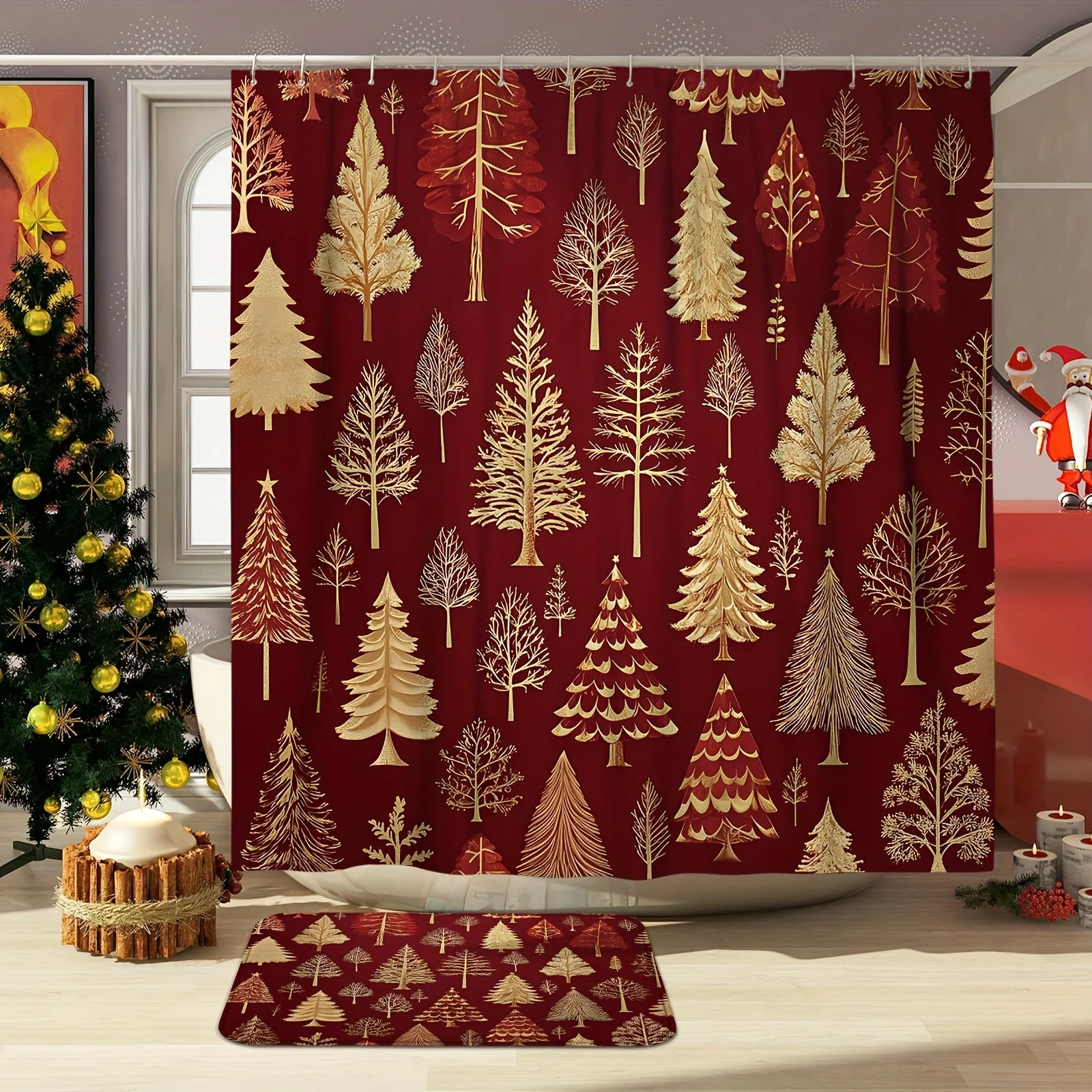 4Pcs Christmas Tree Pine Shower Curtain Set, Simple Red Golden Polyester Washable with 12 Hooks, Non-slip Mat , Xmas Decor