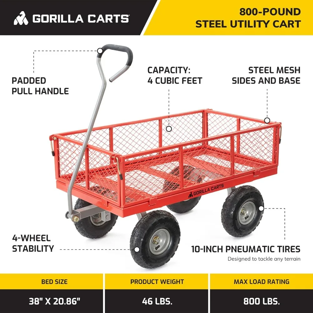 Gorilla Carts 800 Pound Capacity Steel Utility Cart, Flatbed Dolly Gardening Cart Outdoor Yard Wagon with Tow Handle