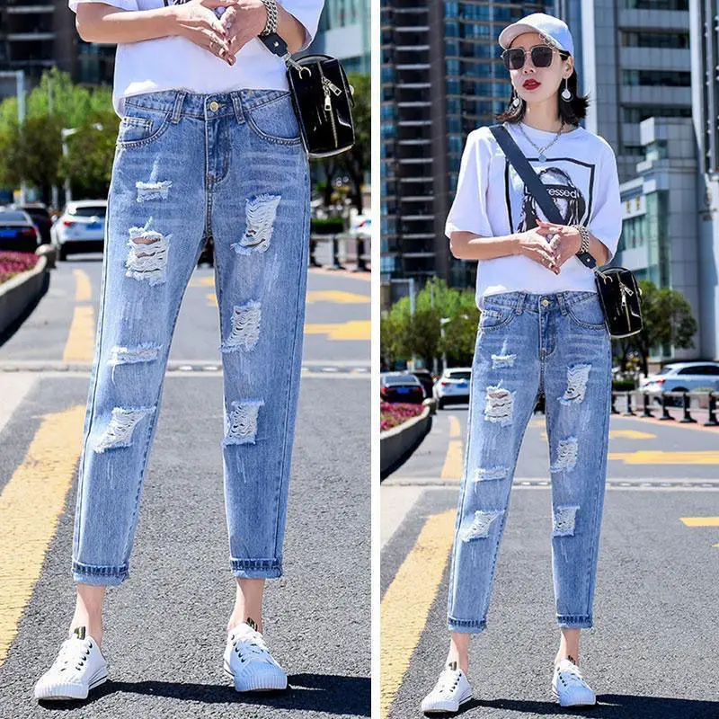 

Broken Hole Jeans for Women Harlan High Waist Plus Size Loose Summer New Style Carrot Thin Style Dad Looks Thin Casual M205