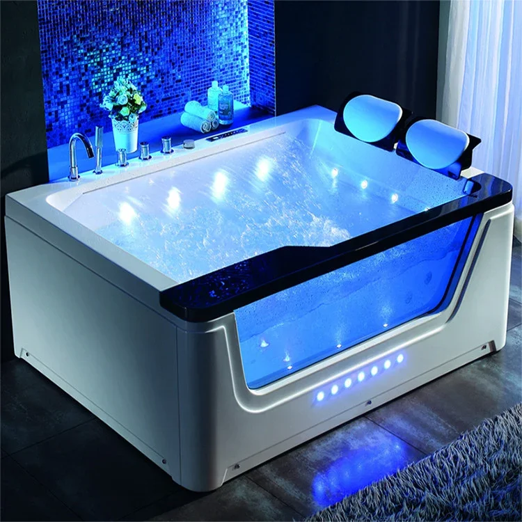 Two people square waterfall smart control large size square acrylic massage freestanding spa whirlpool bathtub