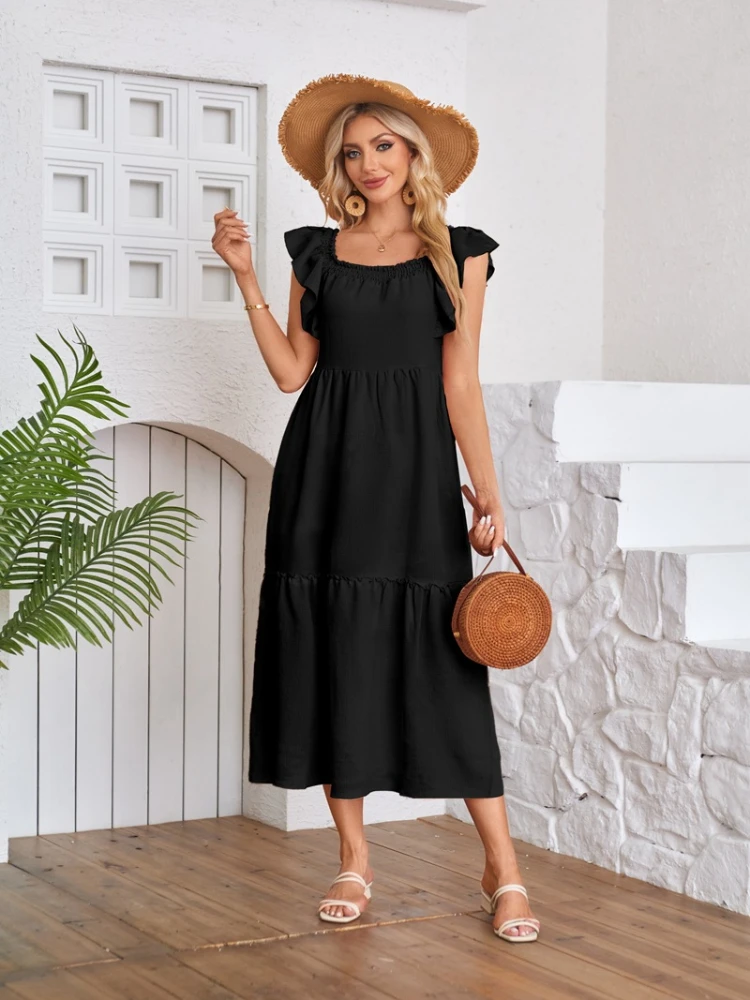 Maxi abito estivo da donna Casual Boho Beach maniche con cappuccio arruffato Smocked vita alta una linea Flowy Swing Cocktail Party abito formale