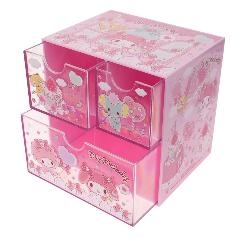 Sanrio Desktop Organizer with Three Drawers, Diversos Organização, Figuras de Anime, Brinquedos para Crianças, Presente, Kuromi, Mymelody, Kuromi