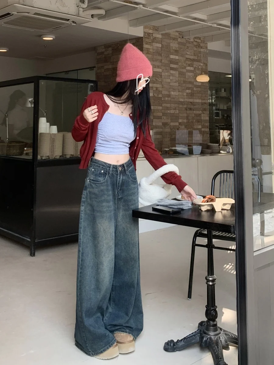 

Широкие прямые джинсы с высокой талией в стиле ретро, женские свободные брюки в пол больших размеров, повседневные удобные джинсовые брюки